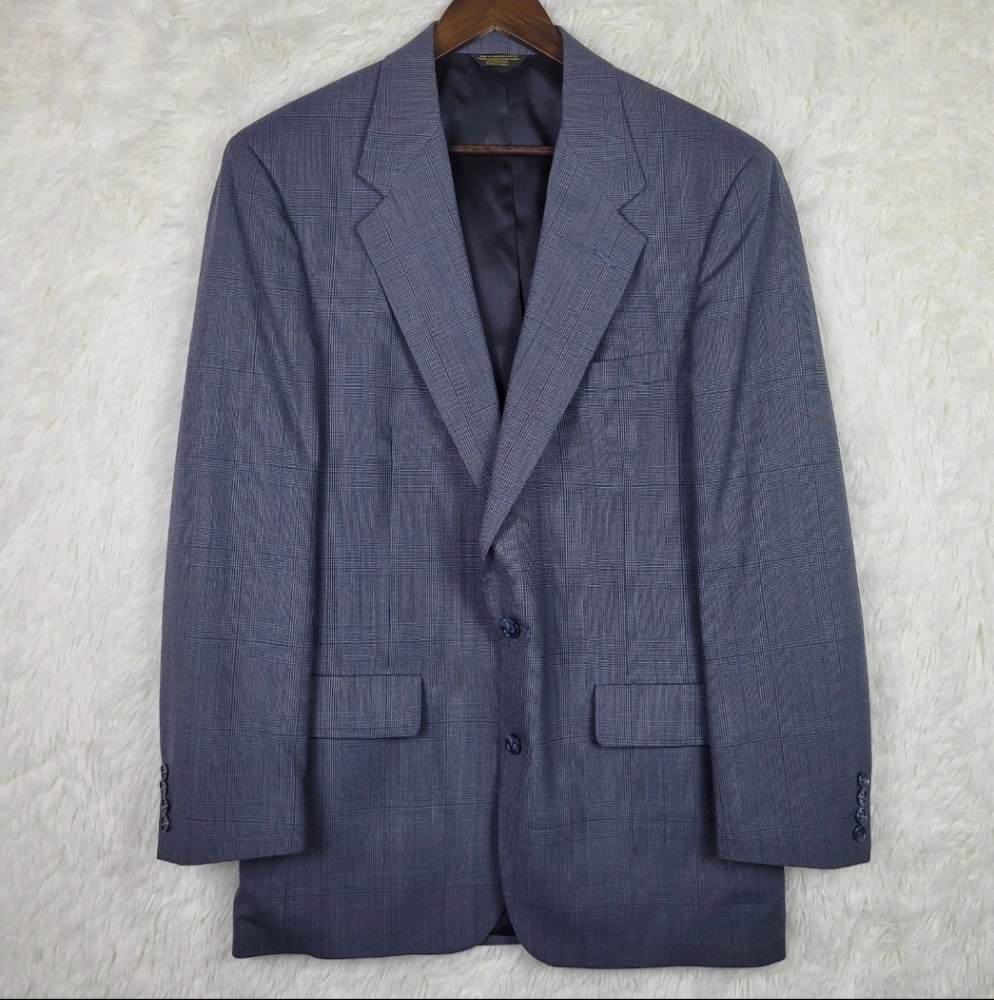 Vtg Palm Beach Blue Gray Glen Check‎ Wool Blazer 42L USA Made Classic